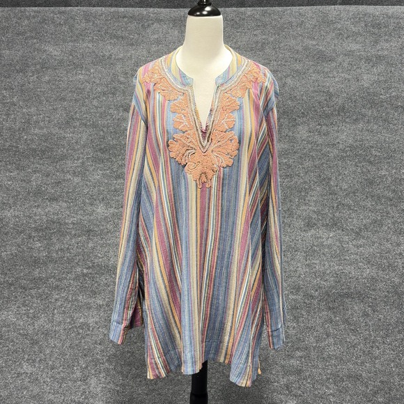 Soft Surroundings Tunic Top Womens 3X Multicolor Striped Embroidered Beaded Boho - Picture 1 of 15